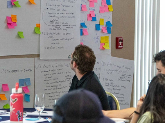 group of people in discussion with post it notes