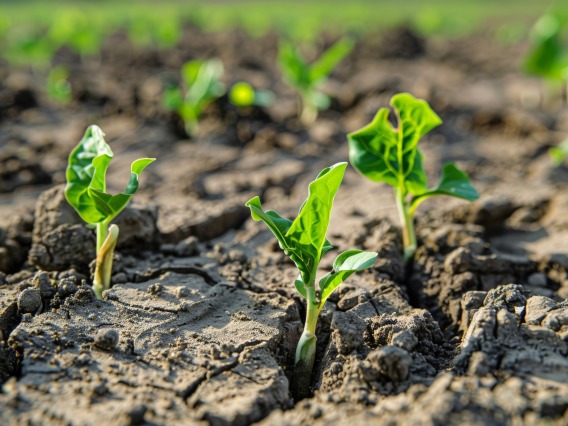 Photo: seedlings pushing up through parched earth.