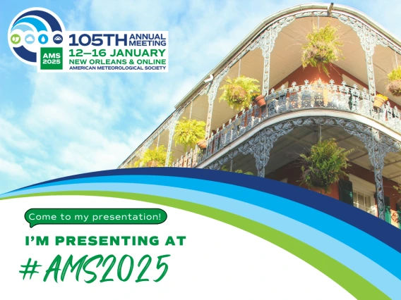 Image of a hotel with New Orleans-styled architecture and the AMS annual meeting logo with icons representing the earth, clouds, water, and the sun.