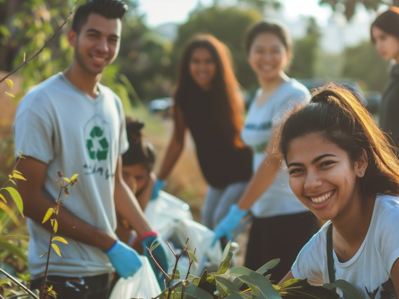 Image of young people cleaning up and tending to a public space.