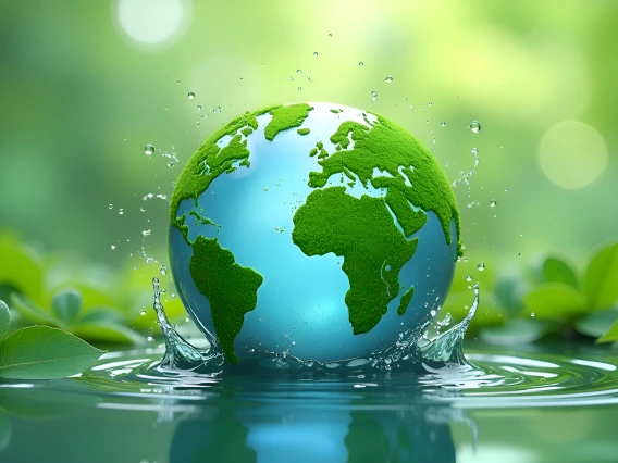 Earth globe resting in a spash of water with leaves situated around it.