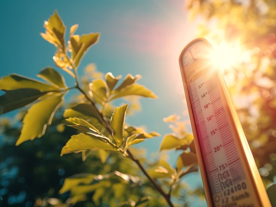 Photo of a tree branch juxtaposed with an outdoor thermometer registering high heat.