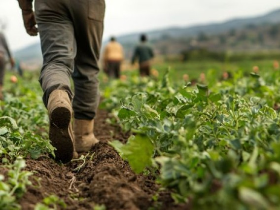 Photo of a farm worker walking through a lettuce field.