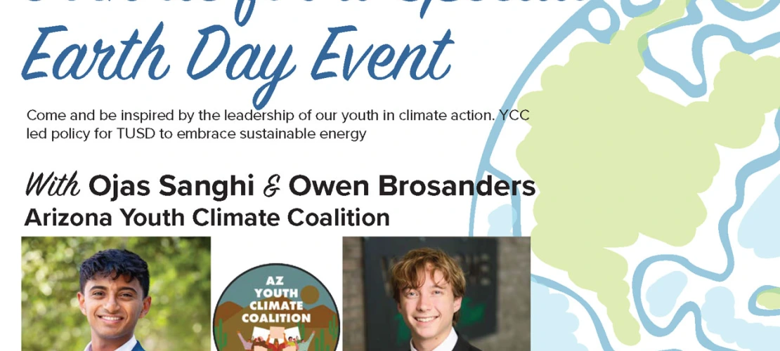 Flier with head shots of Ojas Sanghi and Owen Browsanders and partial image of the earth.