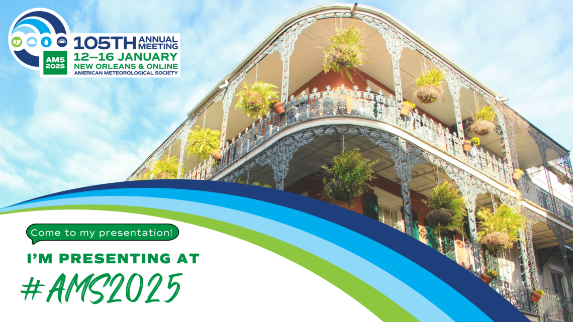 Image of a hotel with New Orleans-styled architecture and the AMS annual meeting logo with icons representing the earth, clouds, water, and the sun.