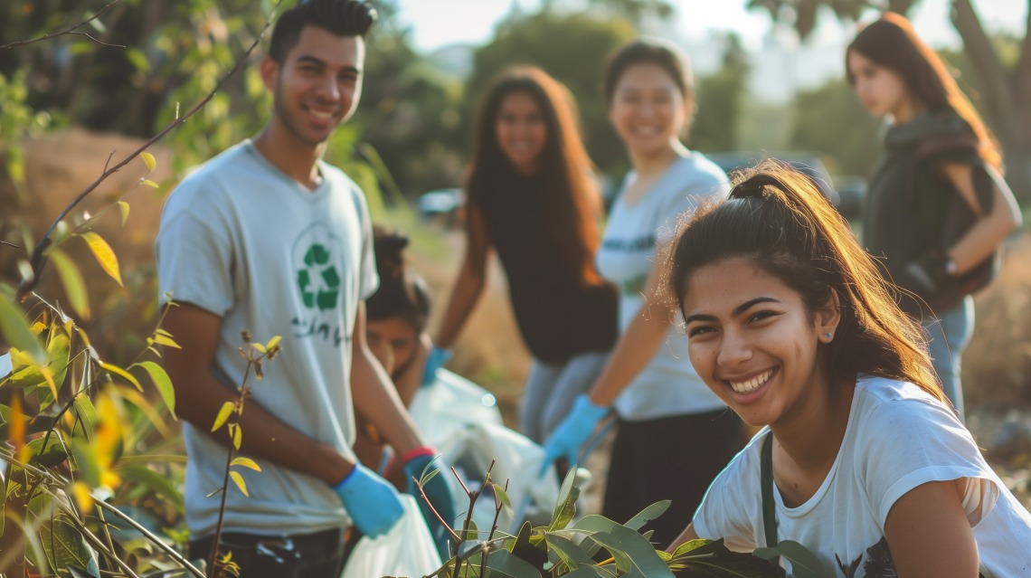 Image of young people cleaning up and tending to a public space.