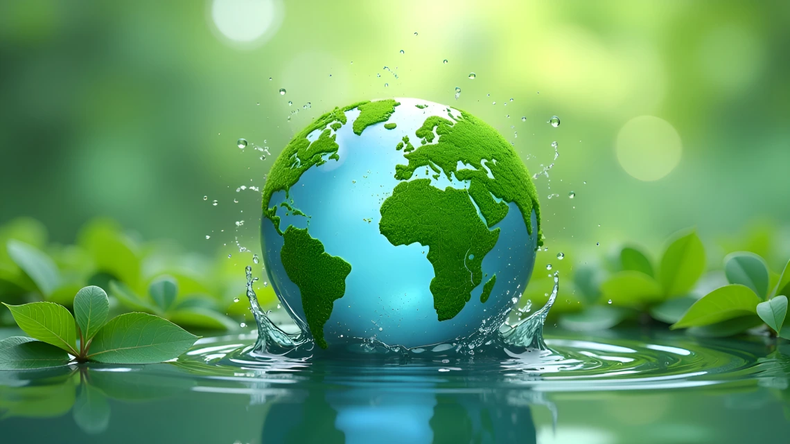Earth globe resting in a spash of water with leaves situated around it.