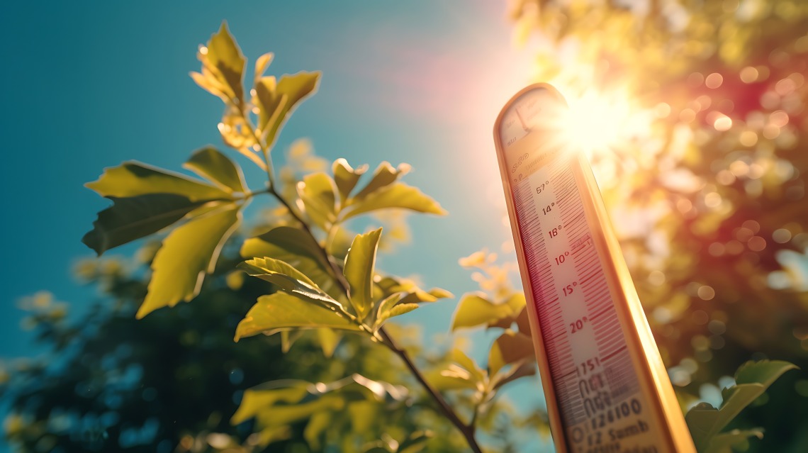 Photo of a tree branch juxtaposed with an outdoor thermometer registering high heat.