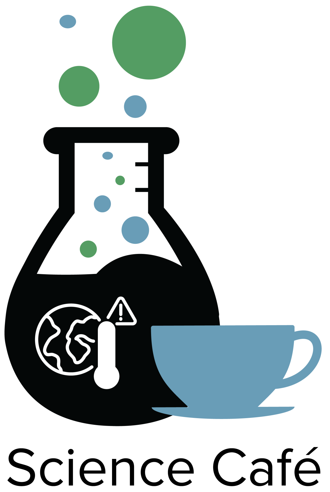 Image of a beaker and coffee cup with the outline of the earth, a thermometer registering high heat, and the text "Science Café."