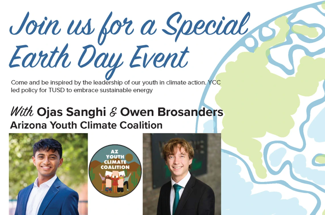 Flier with head shots of Ojas Sanghi and Owen Browsanders and partial image of the earth.