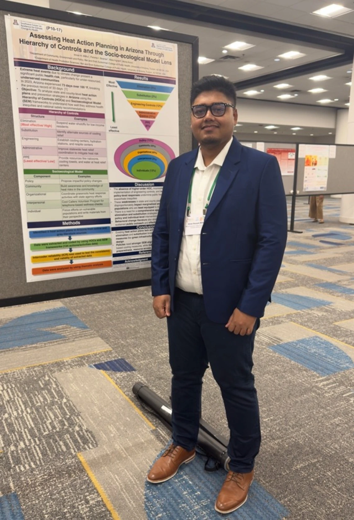 Imran Mithu standing in front of his research poster "Assessing Heat Action Planning in Arizona through Hierarchy of Controls and the Socio-ecological Model Lens" at the 2025 ISES/ISEE Conference.