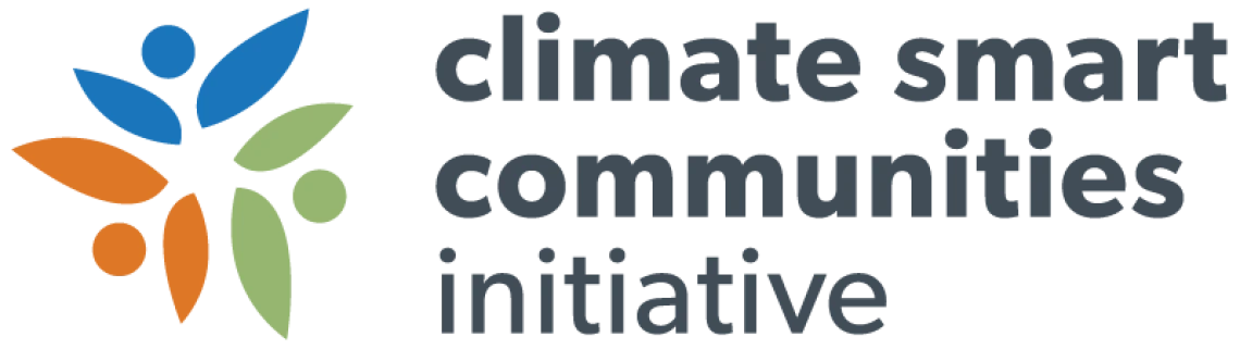 Colorful image (icons in blue, orange, and green) representing three people with text "Climate Smart Communities Initiative".