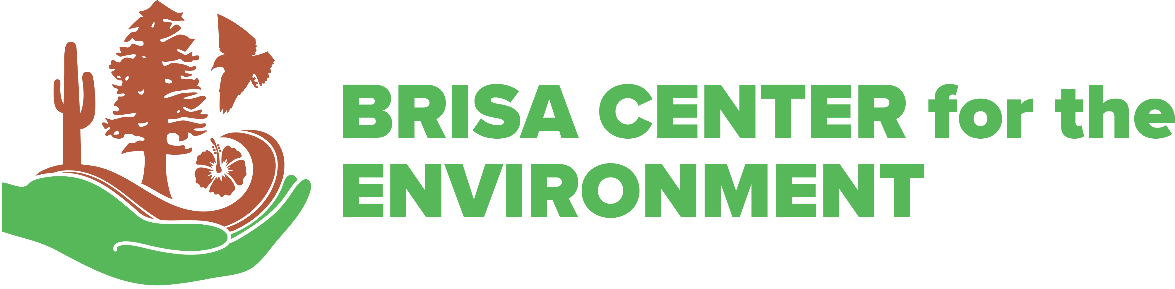 Image of a pine tree, saguaro, and bird supported/held by a green hand (icon) with the center's name "BRISA Center for the Environment"