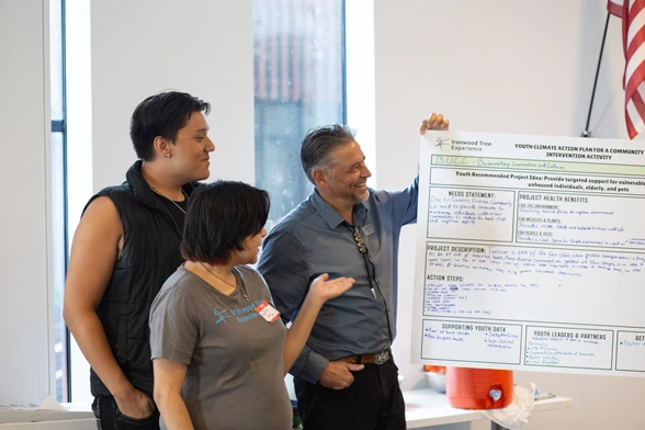 Three individuals admiring a poster illustrating a thought process mapped out at the workshop.