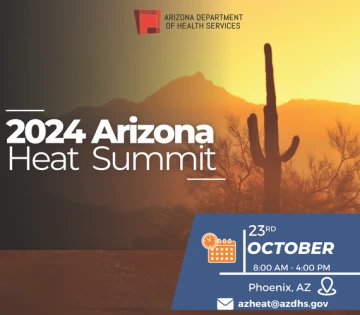 ADHS logo with saguaro in desert background and text "2024 AZ Heat Summit."