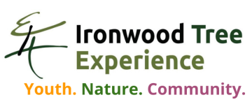 Ironwood Tree Experience logo (letters I, T, & E) + the words Youth, Nature, and Community