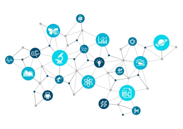 Icons of various scientific fields connected by a matrix.