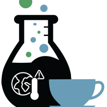 Image of a beaker and coffee cup with the outline of the earth, a thermometer registering high heat, and the text "Science Café." 