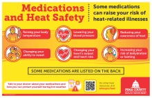 Text: Medications and Heat Safety: Some medications can raise your risk of heat-related illness by raising your temperature, lowering your blood pressure, reducing your awareness of heat, changing your ability to sweat, changing your heart's output and heart rate, and increasing your risk of dehydration or fainting. Images include a person sweating and a heart.